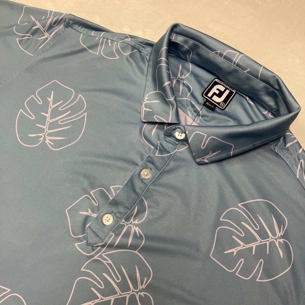 FootJoy FJ Blue Performance‎ Golf Polo Shirt Men XL Tropical Monstera Leaf Print
